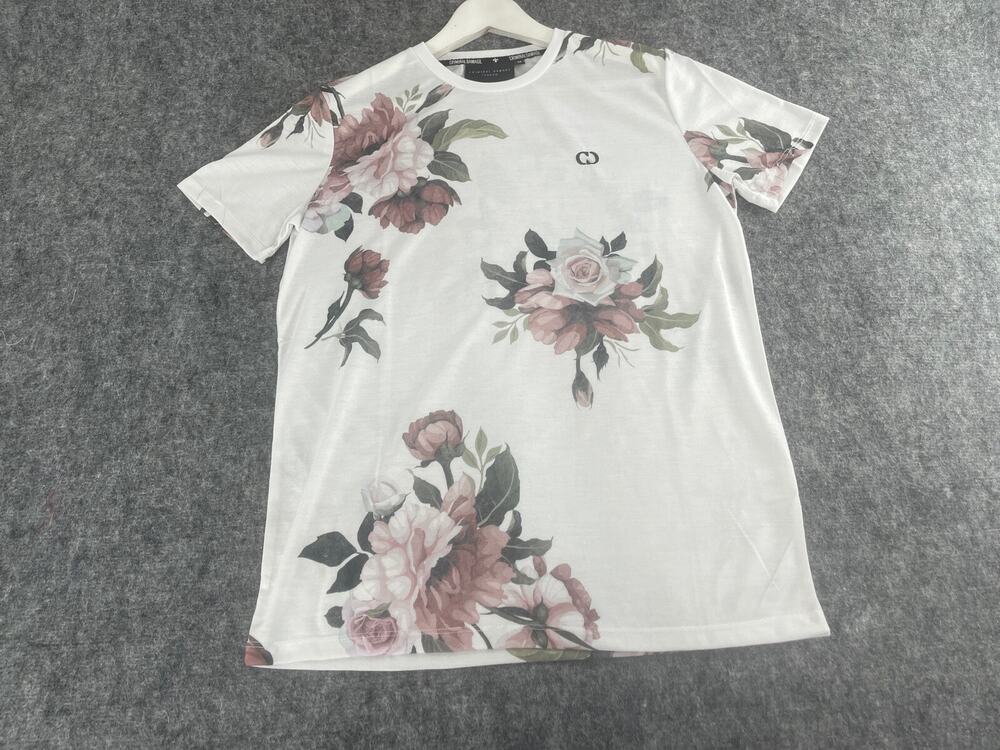 CRIMINAL DAMAGE Shirt Mens Large Tee Floral White Hawaiian Crew Neck N153